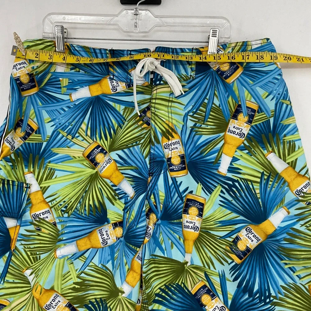 Corona Extra Mens Board Shorts Size 38 Blue Tropical Palm Beer Bottle Swim Trunk